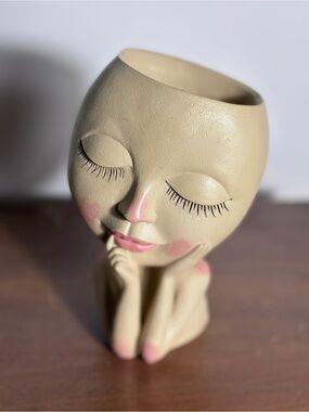 Whimsy face resin flower pot vase 7 inches hand painted